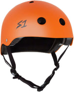 The S-One Lifer Helmet / Orange Matte features black vents, a black chinstrap, "S1" side logo, and EPS Fusion Foam construction for multi-impact protection.