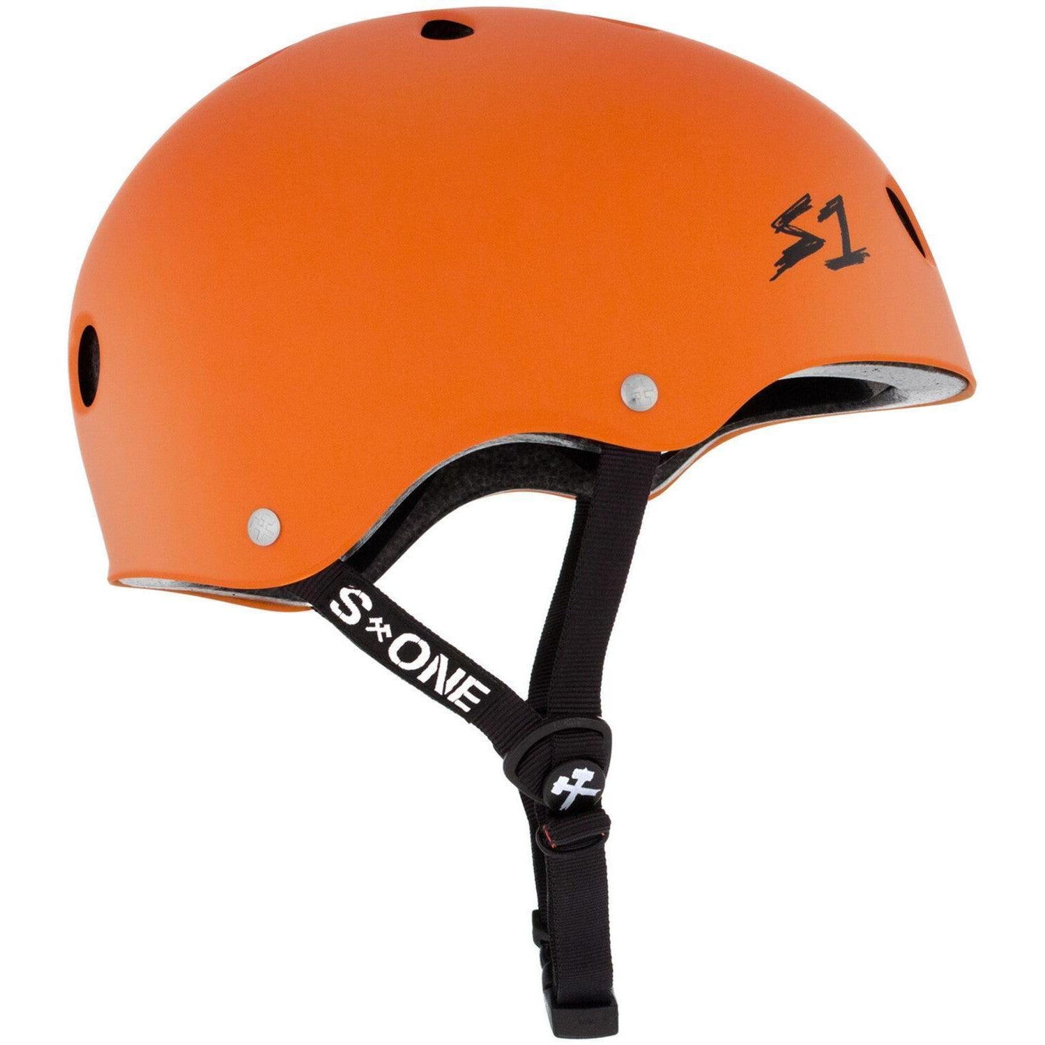 The S-One Lifer Helmet in Orange Matte features black adjustable straps, ventilation holes, and multi-impact certified protection, shown against a white background.