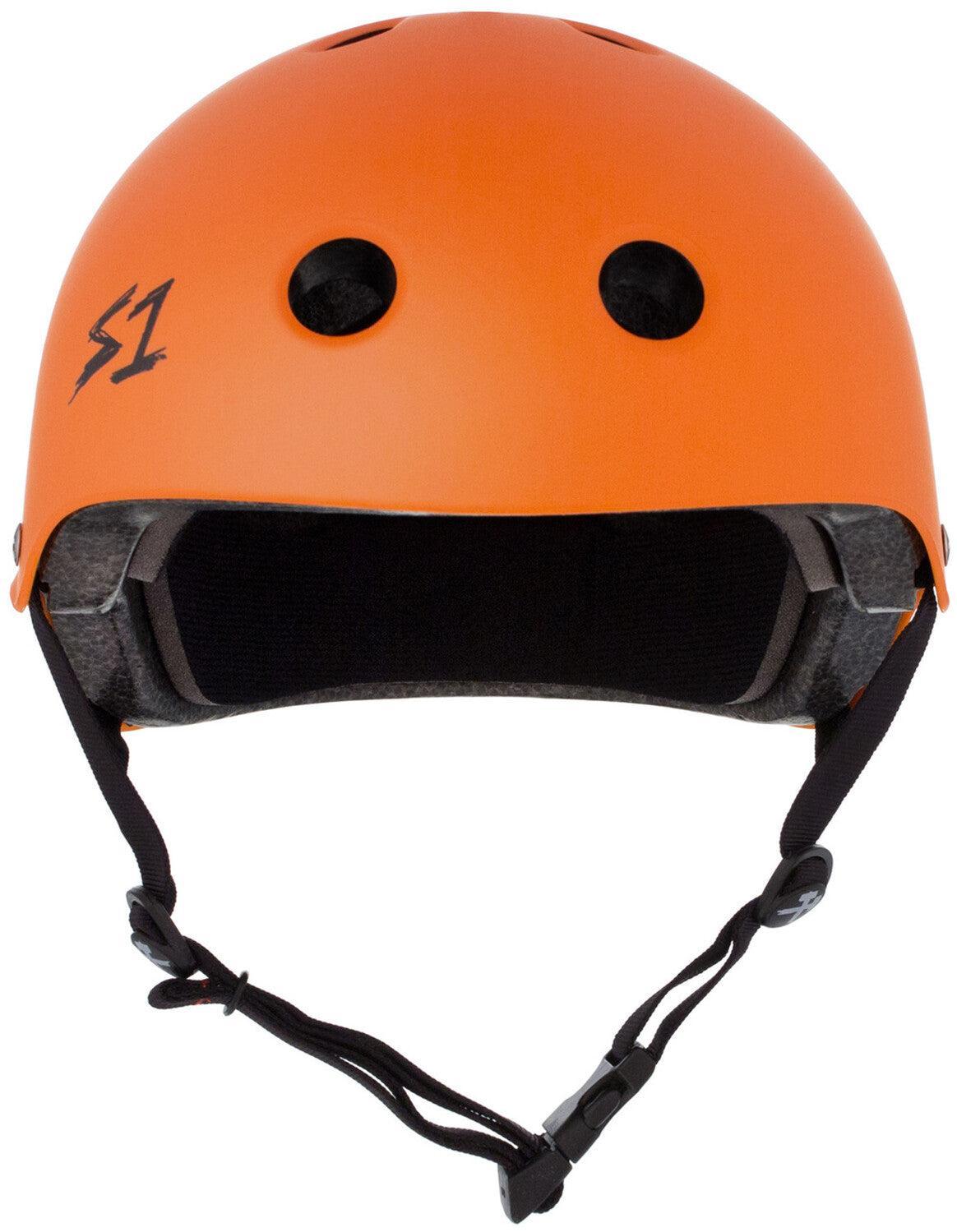 Front view of the S-One Lifer Helmet in Orange Matte, featuring ventilation holes, black inner padding, adjustable chin strap, multiple impact protection, and an "S1" logo on the left side.