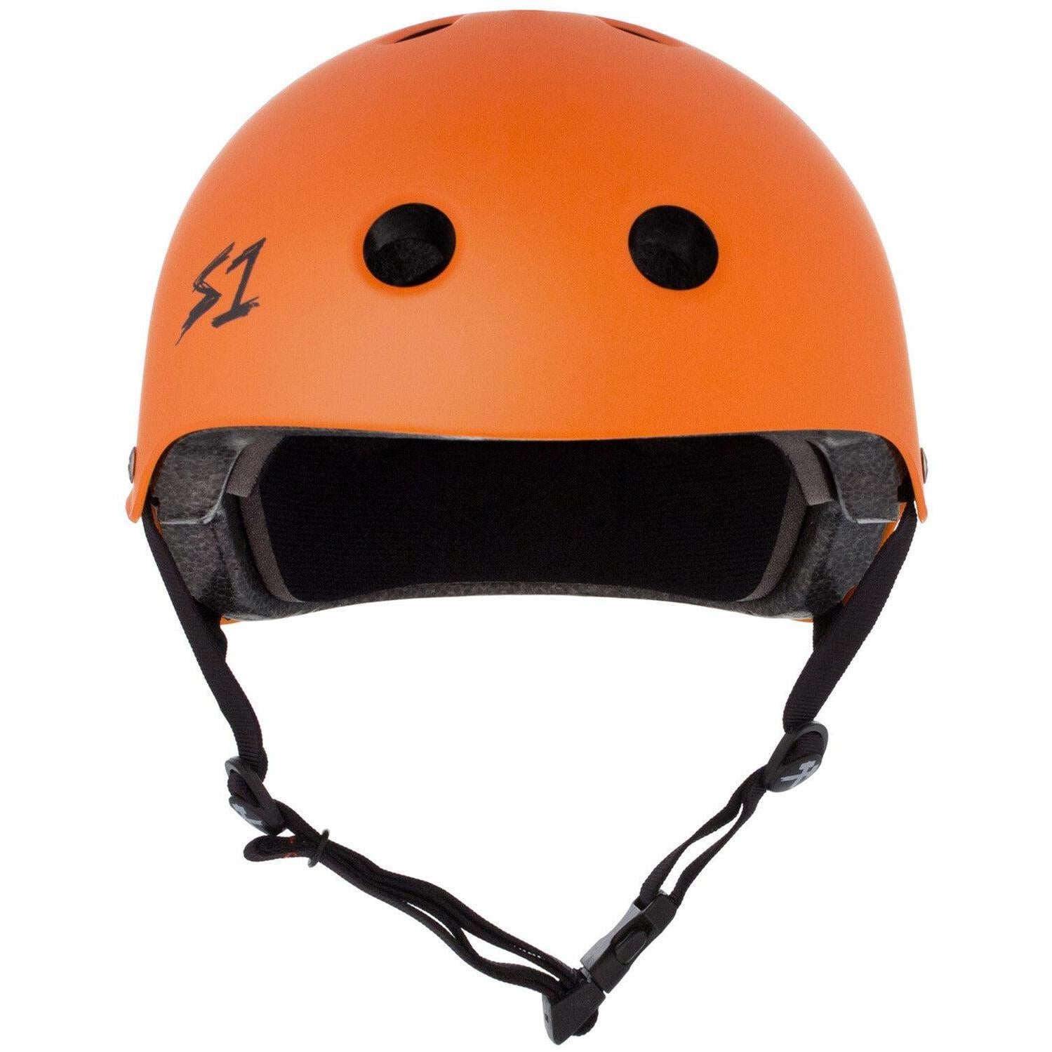 Front view of the S-One Lifer Helmet in Orange Matte, featuring ventilation holes, black inner padding, adjustable chin strap, multiple impact protection, and an "S1" logo on the left side.