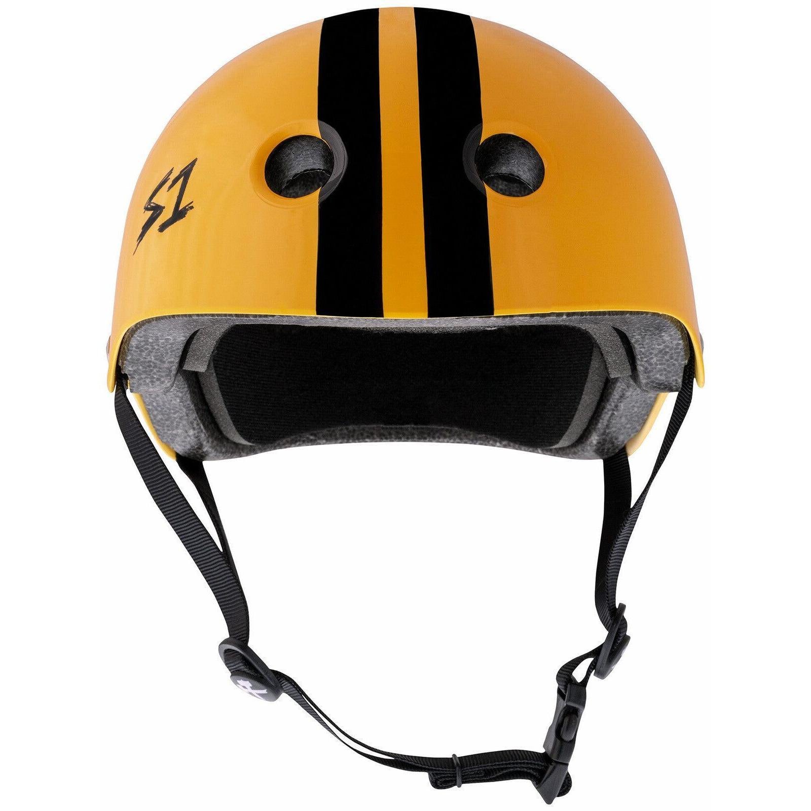 A bright orange S-One Lifer Helmet featuring two black vertical stripes, ventilation holes, adjustable black chin strap, "S1" marking on the left side, and EPS Fusion Foam for multi-impact protection.