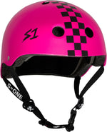 The S-One Lifer Helmet in Pink Gloss/Black Checkers features ventilation holes, an adjustable chin strap, S1 logo, and offers certified stylish head protection.
