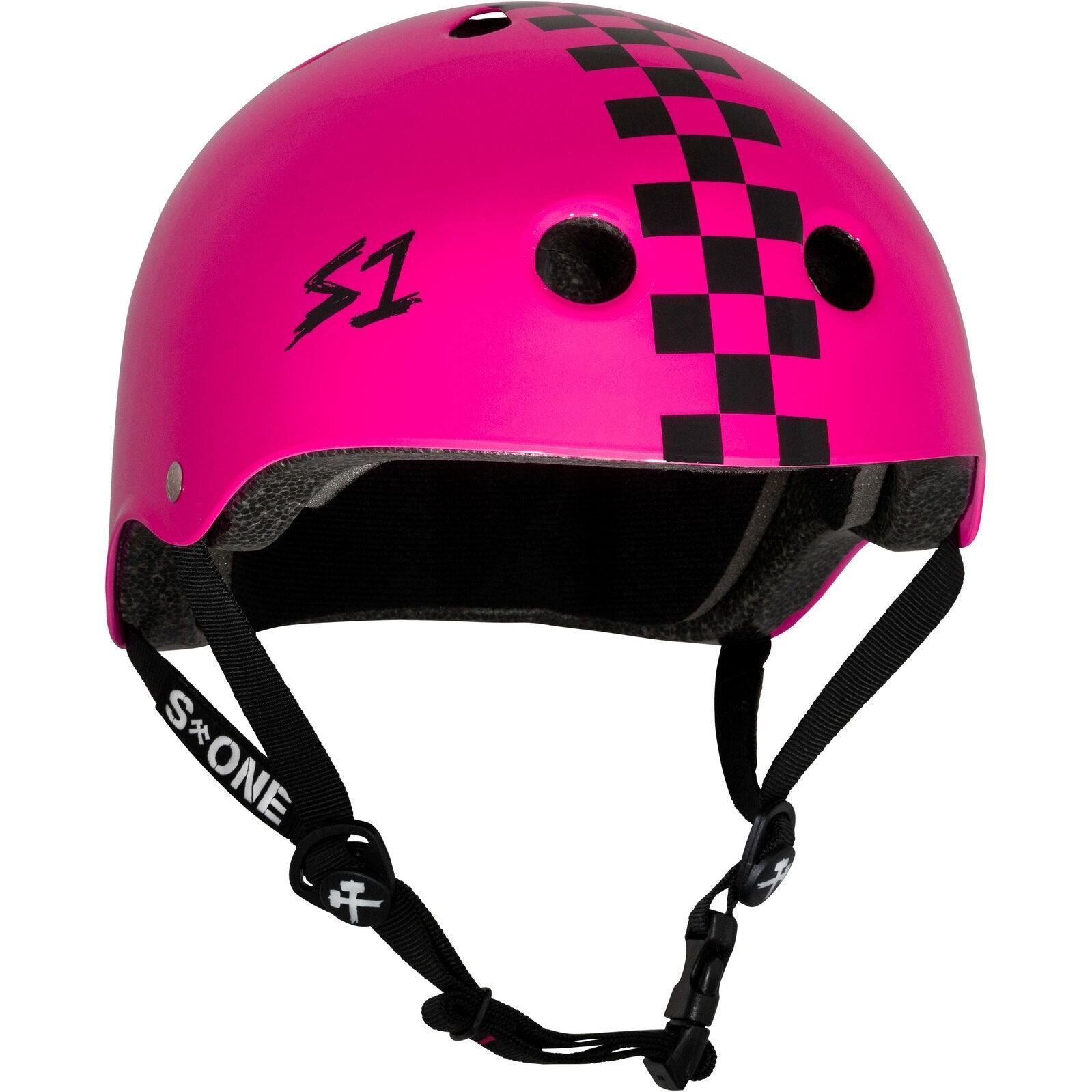 The S-One Lifer Helmet in Pink Gloss/Black Checkers features ventilation holes, an adjustable chin strap, S1 logo, and offers certified stylish head protection.