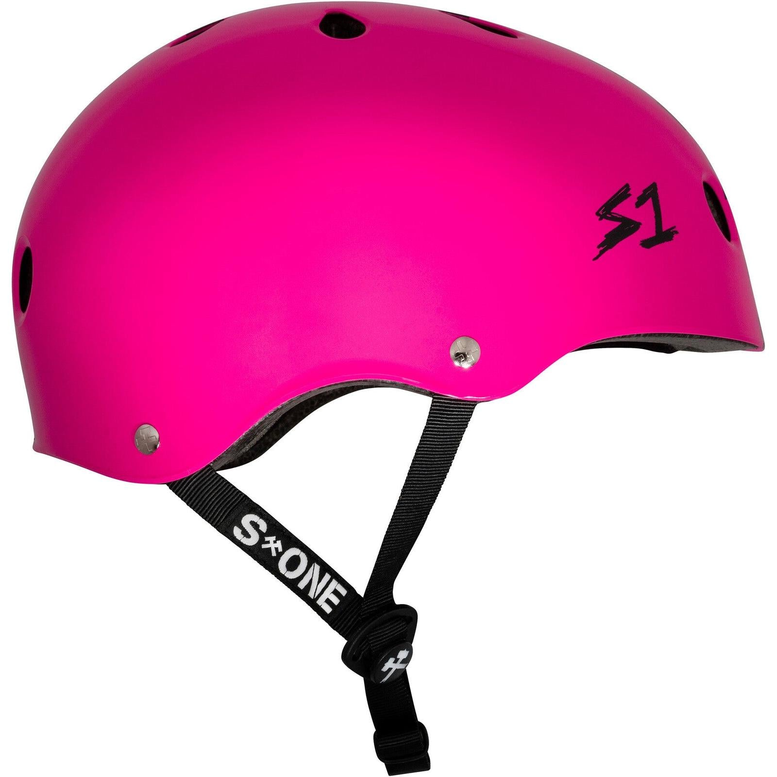 The S-One Lifer Helmet in Pink Gloss/Black Checkers features ventilation holes, certified multi-impact protection, and an adjustable black chin strap.