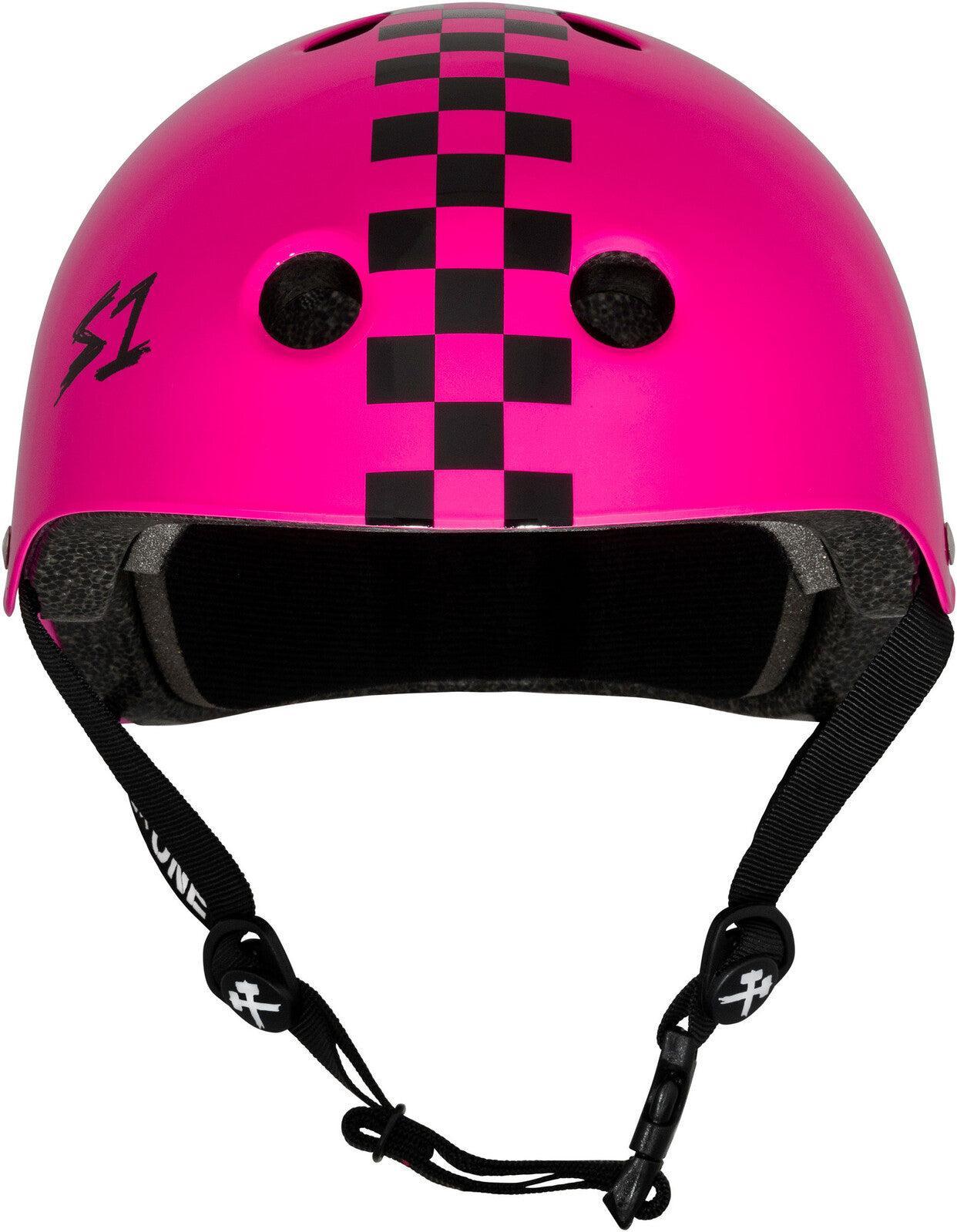 The S-One Lifer Helmet in Pink Gloss/Black Checkers is a certified skate helmet with ventilation holes, adjustable black chin straps, and multi-impact protection.