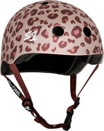 The S-One Lifer Helmet / Light Pink Cheetah - Pink Helmet Posse Collab features a light pink cheetah print, multiple vents, and adjustable maroon "S1" straps for a customizable fit.