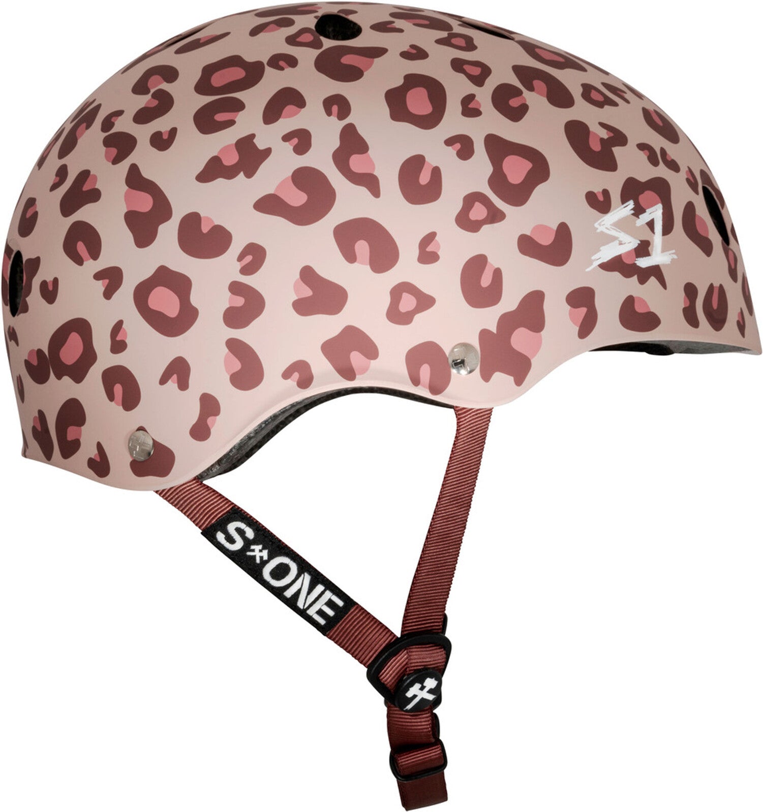 The S-One Lifer Helmet / Light Pink Cheetah - Pink Helmet Posse Collab is a pink and maroon cheetah print skate helmet with ventilation holes, adjustable strap, and certified multi-impact protection for safety and style.