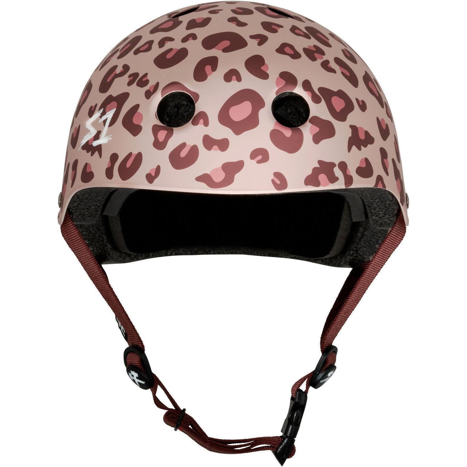 The S-One Lifer Helmet in Light Pink Cheetah from the Pink Helmet Posse Collab features a pink shell with cheetah print, multiple impact protection, ventilation holes, and an adjustable chin strap—ideal for skating.