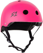 The S-One Lifer Helmet in Hot Pink Gloss features black ventilation holes, multiple impact protection, an adjustable chin strap, and an "S1" logo on the side.