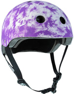 The S-One Lifer Helmet in Purple Tie Dye features black straps, ventilation holes, and certified multi-impact skate helmet safety.
