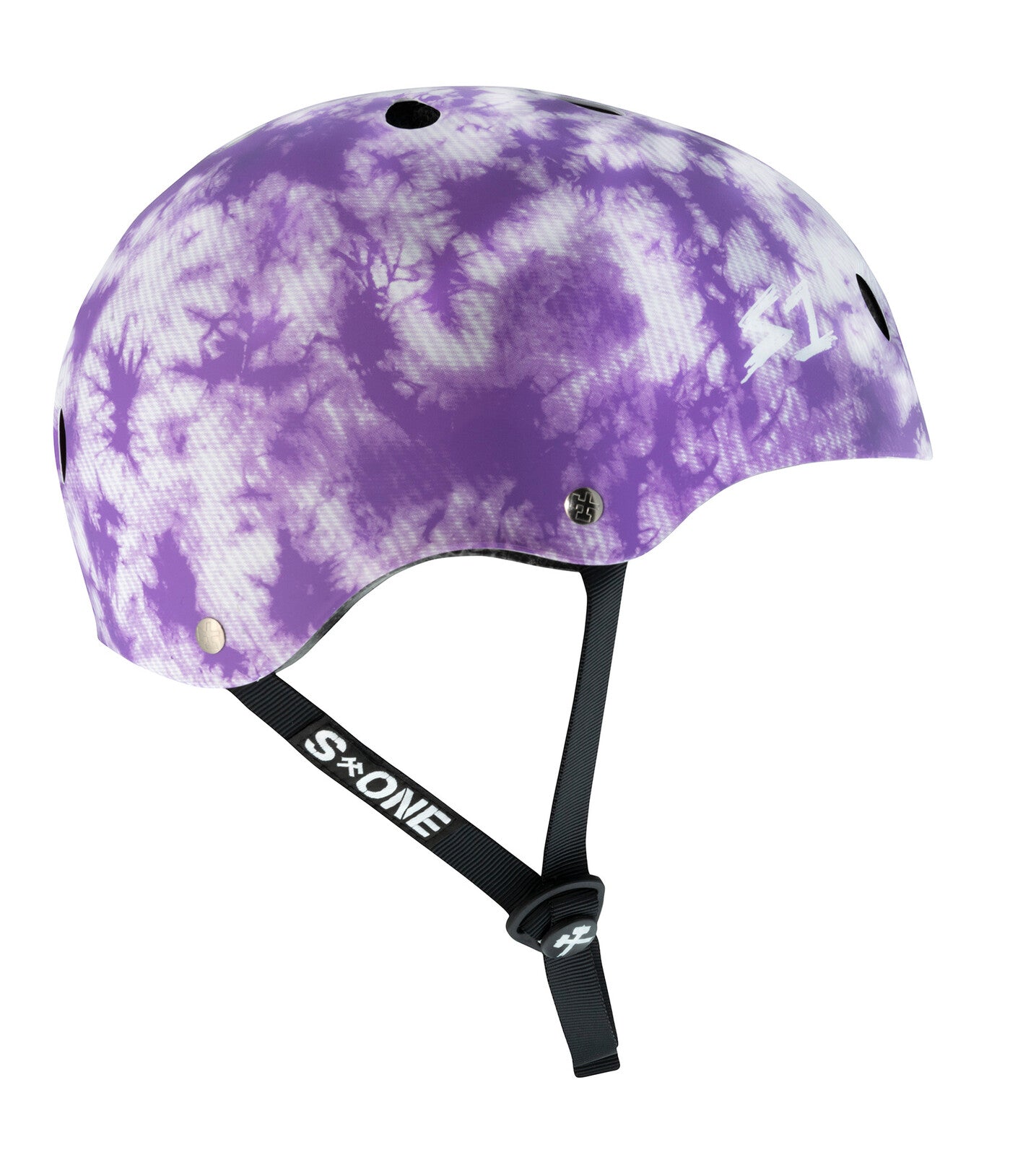 The S-One Lifer Helmet / Purple Tie Dye is a certified skate helmet with a purple tie-dye design, black adjustable straps, ventilation holes, and multi-impact protection for enhanced safety and style.
