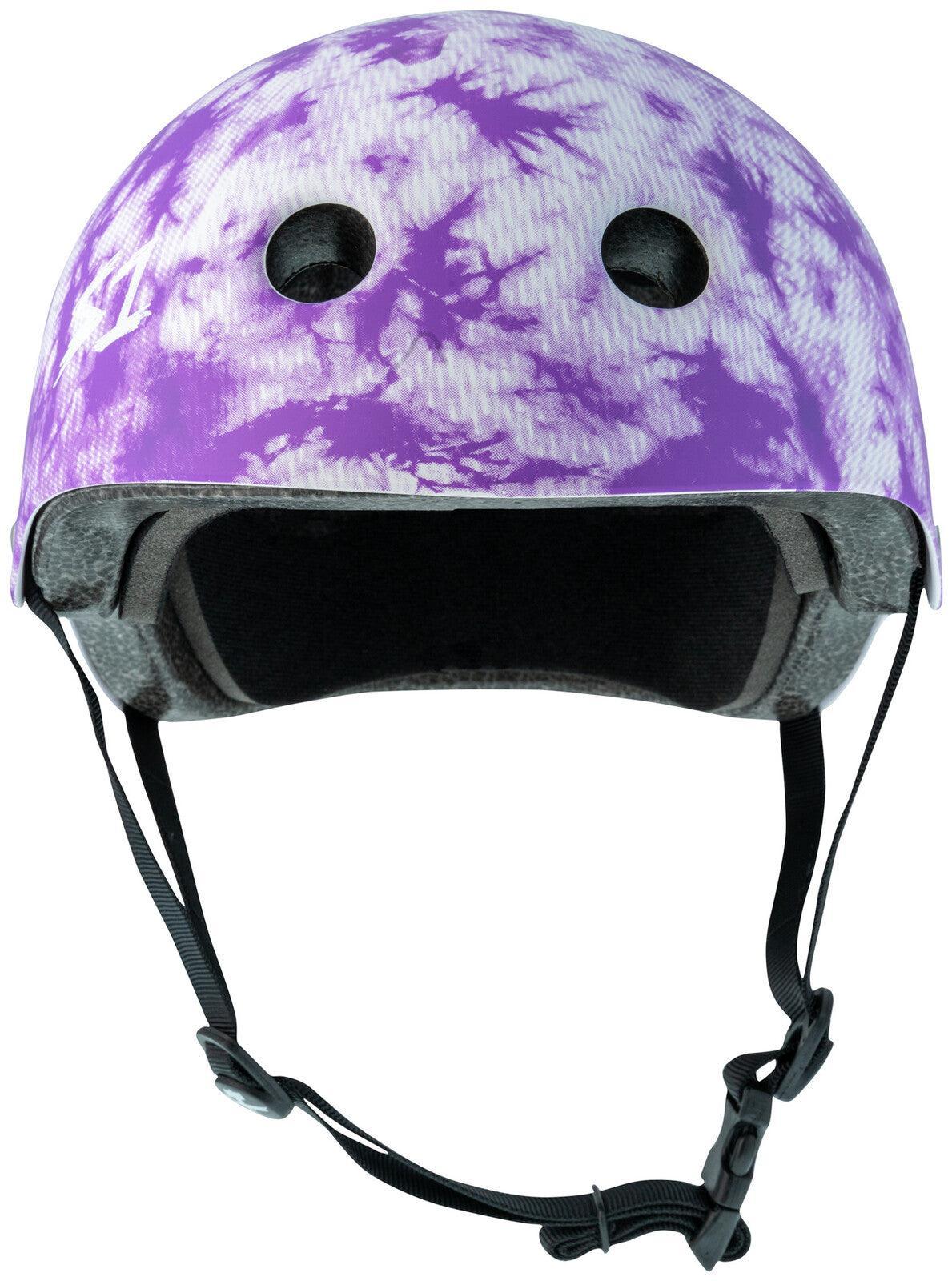 The S-One Lifer Helmet / Purple Tie Dye features two large front vents, black adjustable straps, a plastic buckle, and is certified for maximum impact protection.