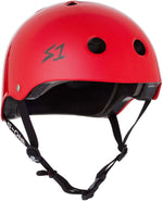 The S-One Lifer Helmet in Bright Red Gloss features black adjustable straps, multiple ventilation holes, and offers multi-impact protection for skateboarding and cycling.