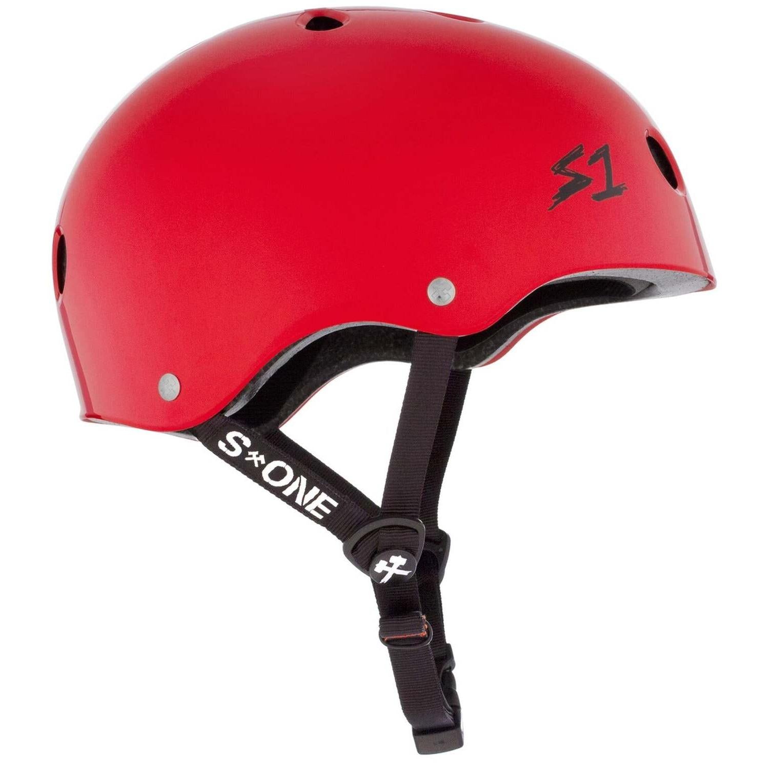 The S-One Lifer Helmet in Bright Red Gloss features multiple ventilation holes, black adjustable straps, a side logo, and is certified for multi-impact protection for enhanced safety.
