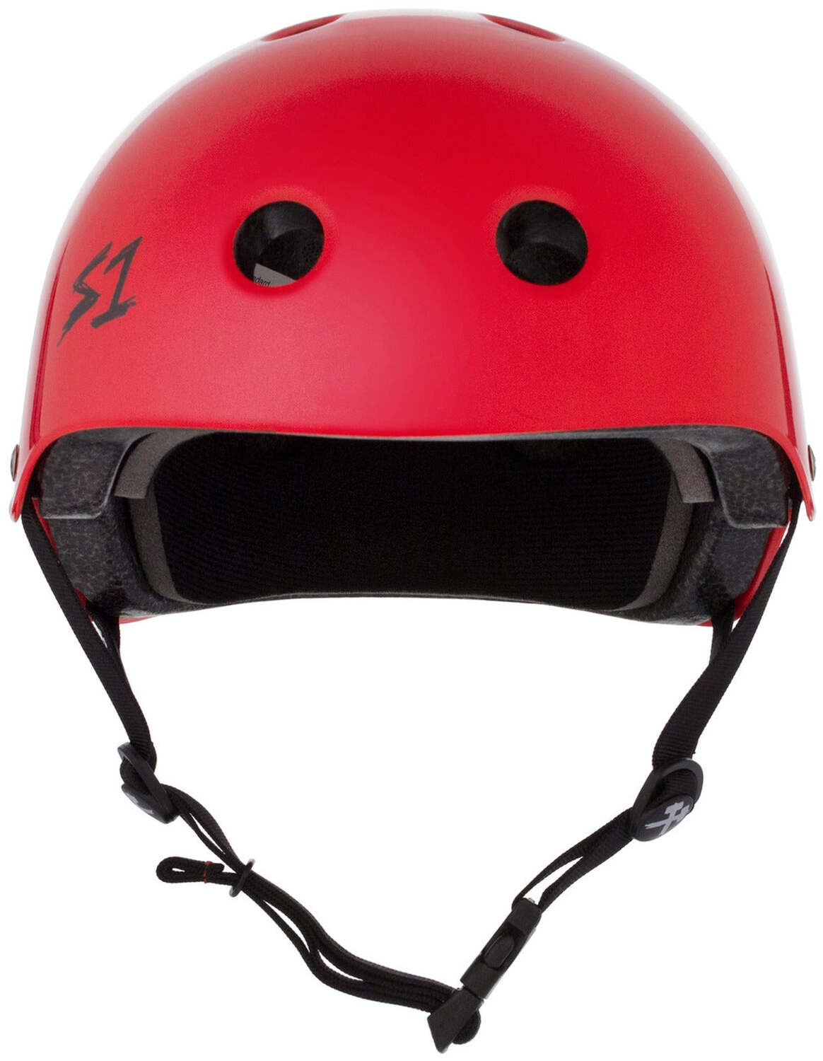 The S-One Lifer Helmet in Bright Red Gloss features black interior padding, ventilation holes, an adjustable chin strap, and a black "S1" logo. This certified helmet provides multi-impact protection for enhanced safety.