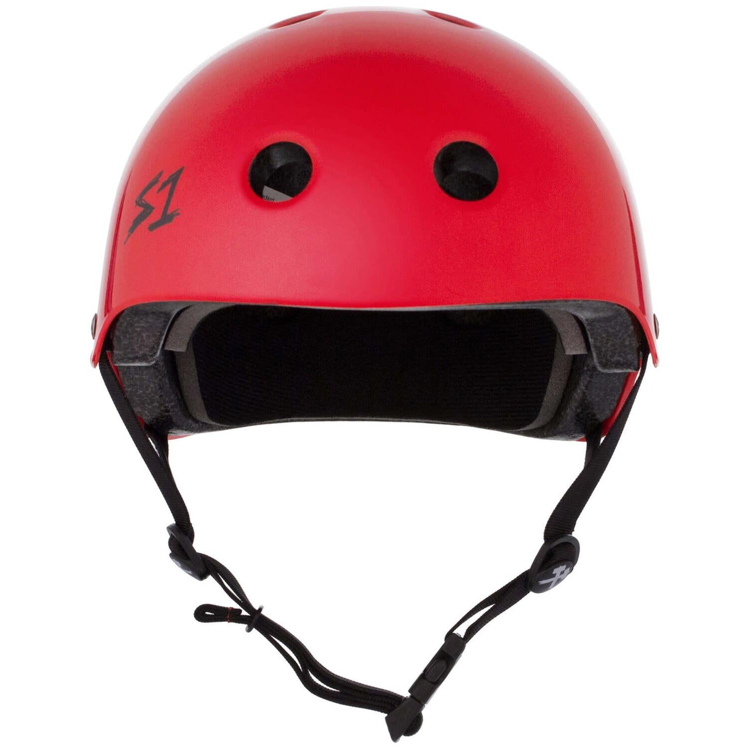 The S-One Lifer Helmet in Bright Red Gloss features black interior padding, ventilation holes, an adjustable chin strap, and a black "S1" logo. This certified helmet provides multi-impact protection for enhanced safety.