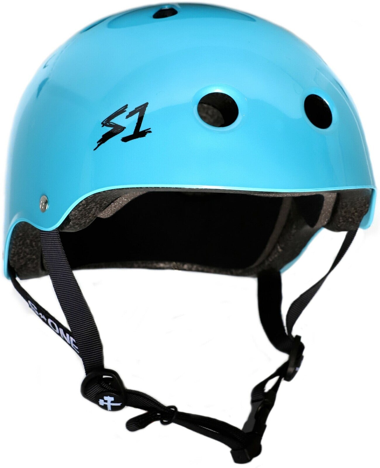 The S-One Lifer Helmet in Light Blue Metallic has ventilation holes, black interior padding, an adjustable chin strap, the "S1" logo on the side, and is designed for multi-impact protection.