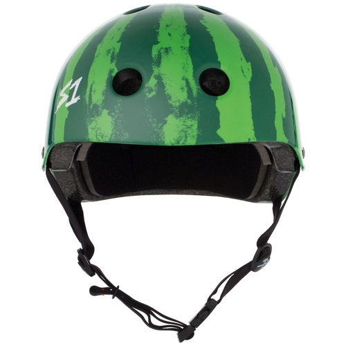 The S-One Lifer Helmet / Watermelon is a green helmet with dark green watermelon stripes, ventilation holes, an adjustable chin strap, and certified impact protection.