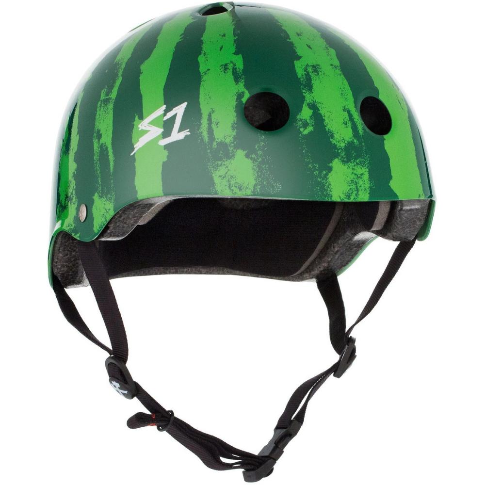 The S-One Lifer Helmet / Watermelon features a green shell with watermelon-style stripes, black padding, black chin straps, and top ventilation holes—perfect for action sports enthusiasts seeking both safety and style.