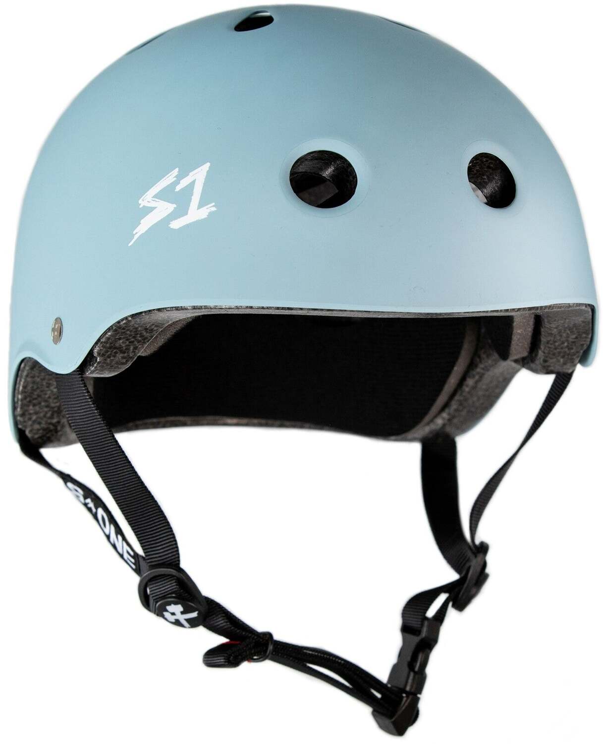 Slate Blue Matte S-One Lifer Helmet features black foam lining, multiple ventilation holes, adjustable black straps, and a white "S1" logo on the front. Engineered for multi-impact protection.