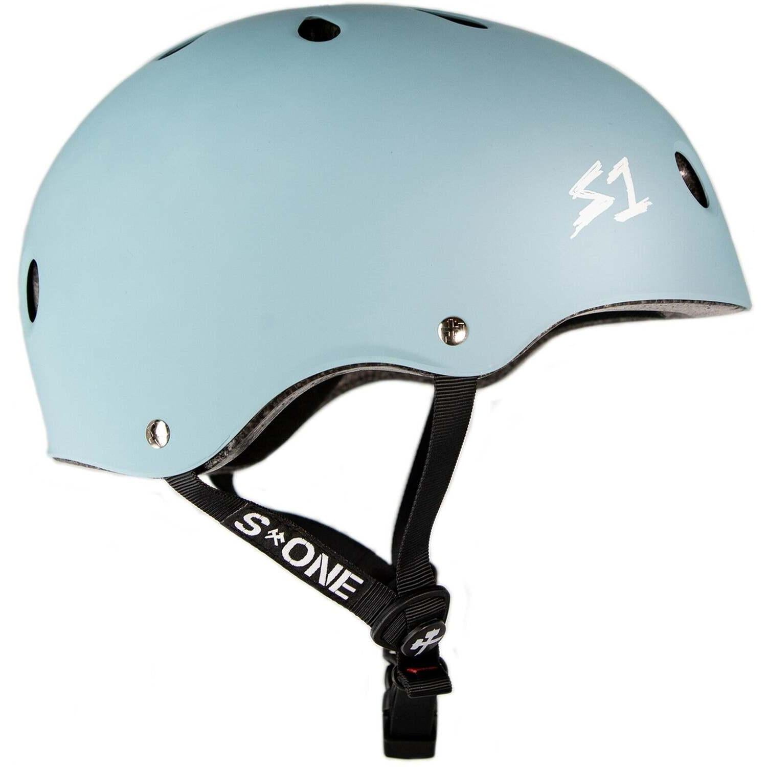 The S-One Lifer Helmet in Slate Blue Matte is a certified multi-impact helmet with black adjustable straps and side ventilation holes, shown from the side.