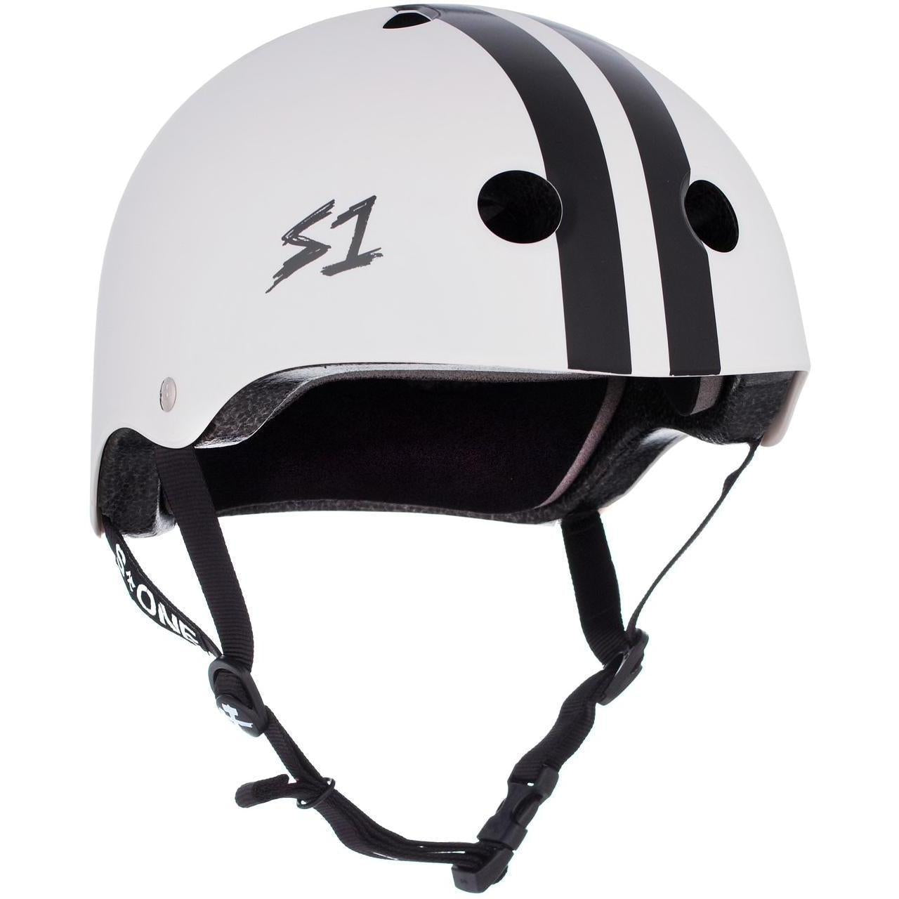 The S-One Lifer Helmet CJ Collins White Gloss/Black Stripes features round vents, a side S1 logo, adjustable chin strap, and is certified for multiple-impact protection.