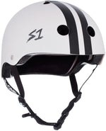The S-One Lifer Helmet CJ Collins White Gloss/Black Stripes features round vents, a side S1 logo, adjustable chin strap, and is certified for multiple-impact protection.