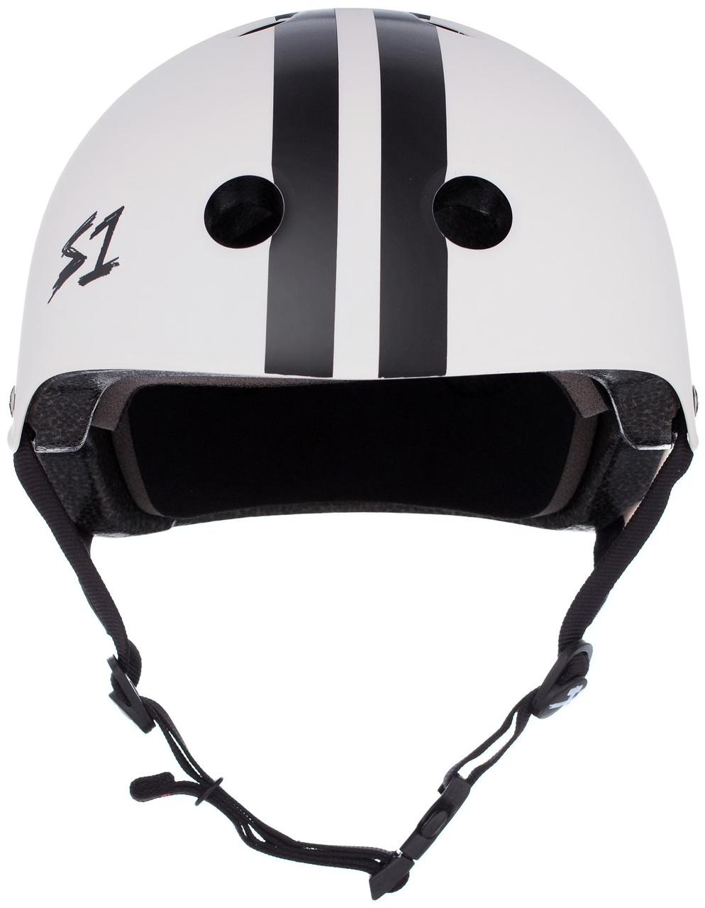 The S-One Lifer Helmet CJ Collins White Gloss/Black Stripes features multi-impact protection, black vertical stripes, ventilation holes, an "S1" logo on the left side, and an adjustable chin strap.