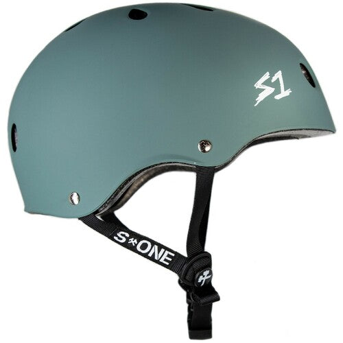 The S-One Helmet Lifer, shown in matte gray with black adjustable chin strap and ventilation holes, offers certified multi-impact protection for reliable skating safety. Side profile view displayed.