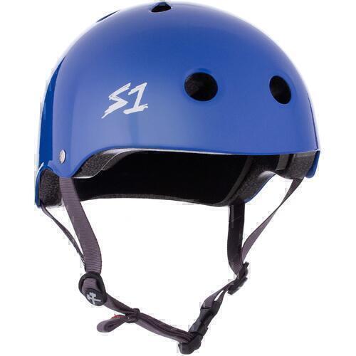 S-One Helmet Lifer LA Blue Gloss, featuring ventilation holes and an adjustable black chin strap, is shown against a white background. This certified skate helmet provides multi-impact protection for safety and comfort.