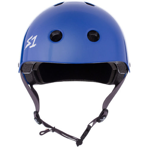 The S-One Helmet Lifer LA Blue Gloss features two front ventilation holes, black interior padding, multi-impact protection, and an adjustable chin strap.