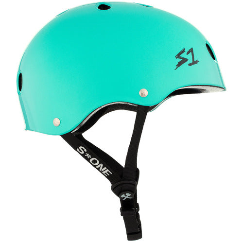 The S-One Helmet Lifer Lagoon Gloss is a teal helmet with ventilation holes, a black adjustable chin strap, and high-impact protection—Australian-certified for top safety and comfort.