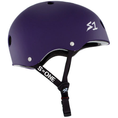 The S-One Helmet Mega Lifer Purple Matte features a matte finish, air vents, black adjustable chin strap, white "S1" logos on the side and strap, and is Australian-certified for high-impact protection.
