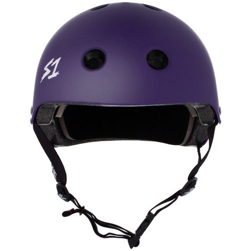 The S-One Helmet Mega Lifer Purple Matte features black padding, ventilation holes, an adjustable chin strap, a white "S1" logo, and is Australian-certified for high-impact protection.