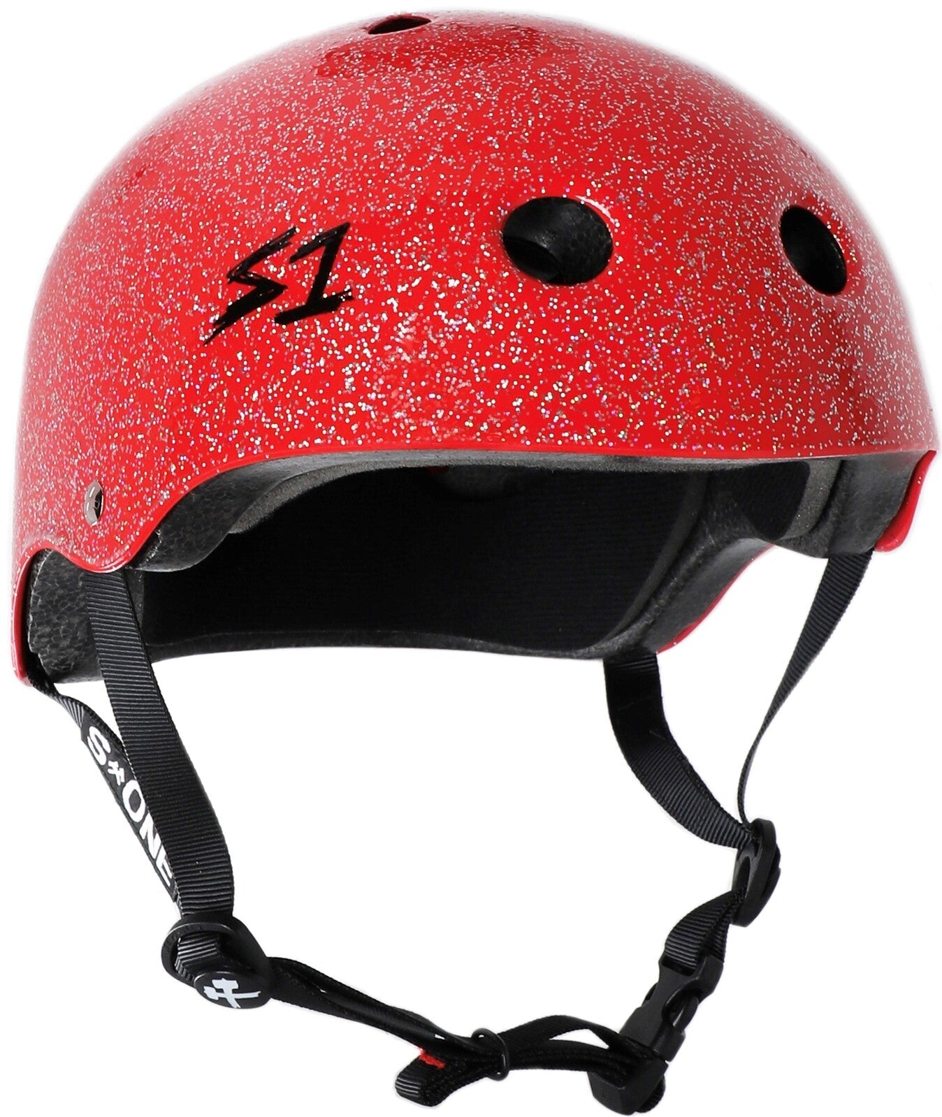 A red speckled S-One Helmet Lifer Red Glitter with a black interior, ventilation holes, and adjustable black straps. The helmet features an "S1" logo on the side and is designed to be a high-impact helmet for ultimate protection.