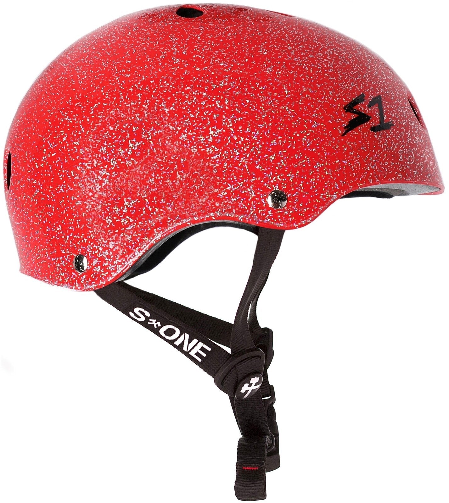 A S-One Helmet Lifer Red Glitter with black straps and the logo "S1" on the side, designed for safety in sports activities.