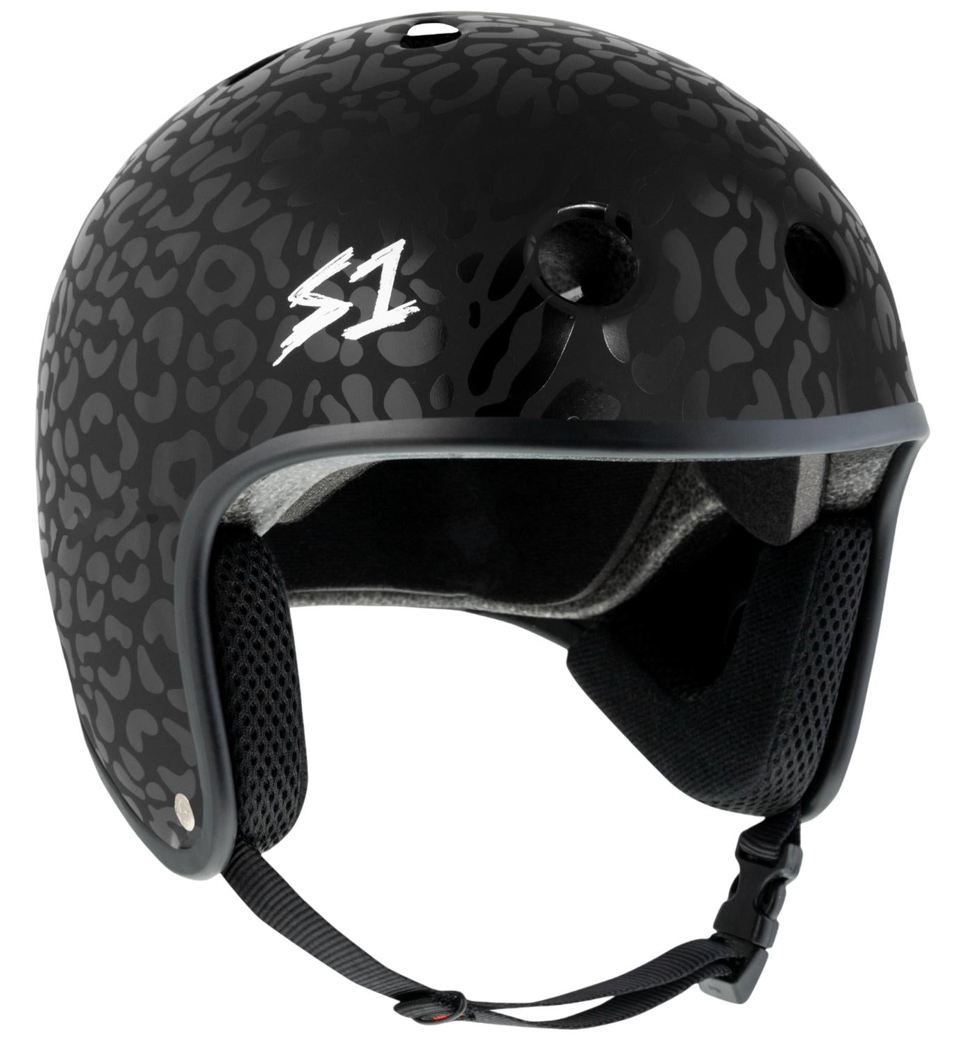 The S-One Helmet Retro Lifer / Black on Black Leopard Hosoi features a matte black finish with a subtle leopard print, ventilation holes, padded interior, chin strap, multi-impact protection, and a white "S1" logo on the side.