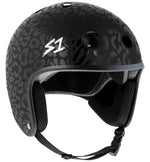 The S-One Helmet Retro Lifer / Black on Black Leopard Hosoi features a matte black finish with a subtle leopard print, ventilation holes, padded interior, chin strap, multi-impact protection, and a white "S1" logo on the side.