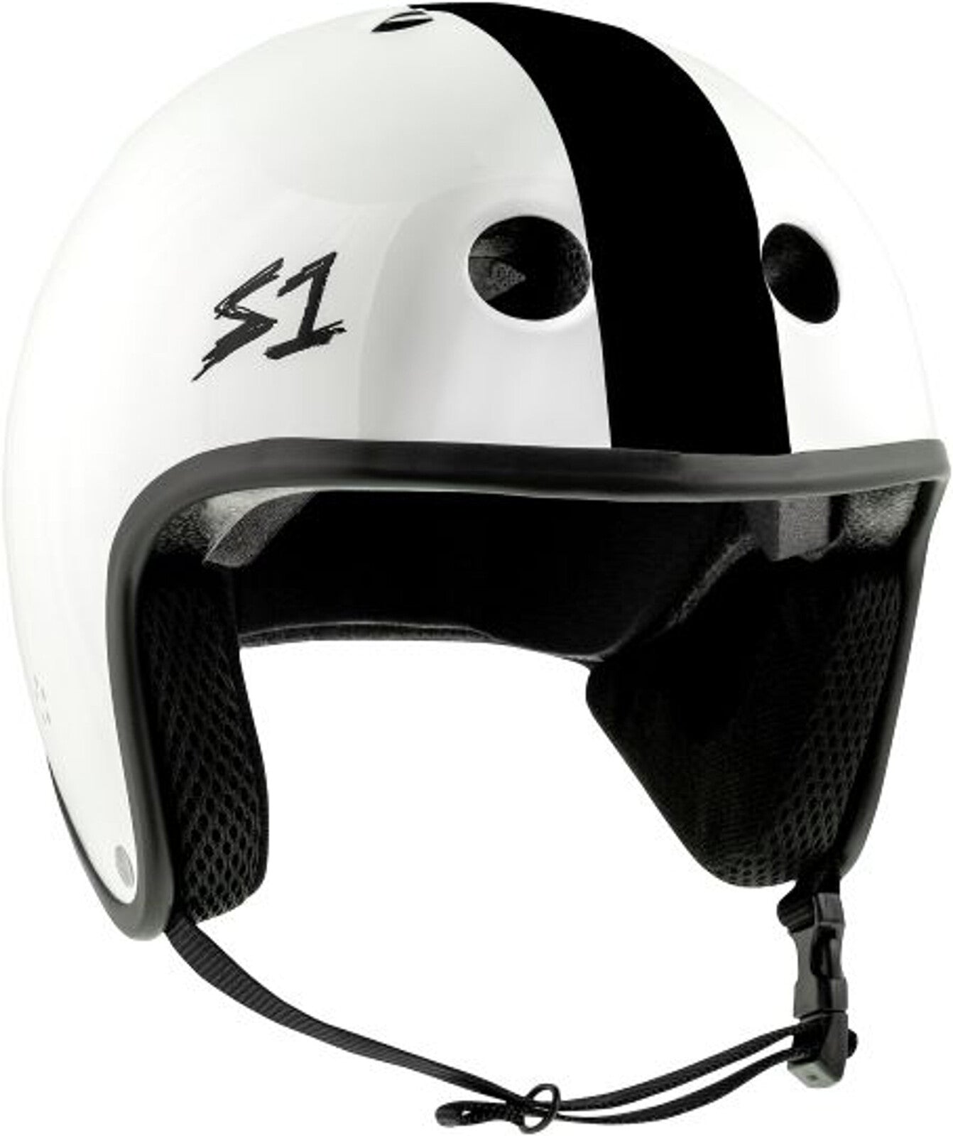 S-One Helmet Retro Lifer White Gloss/Black Stripe (AJ Nelson) with a black vertical stripe down the center, labeled with "S1" on the side. This certified helmet features ventilation holes and a chin strap with padding around the ears and neck.