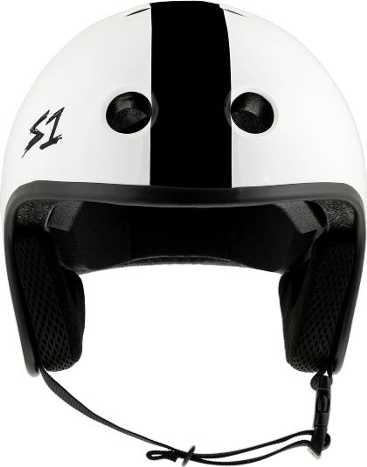 S-One Helmet Retro Lifer White Gloss/Black Stripe (AJ Nelson) with a black stripe down the center and two ventilation holes, featuring cushioned interior padding and a black adjustable strap. This high-impact helmet ensures maximum safety for all your activities.