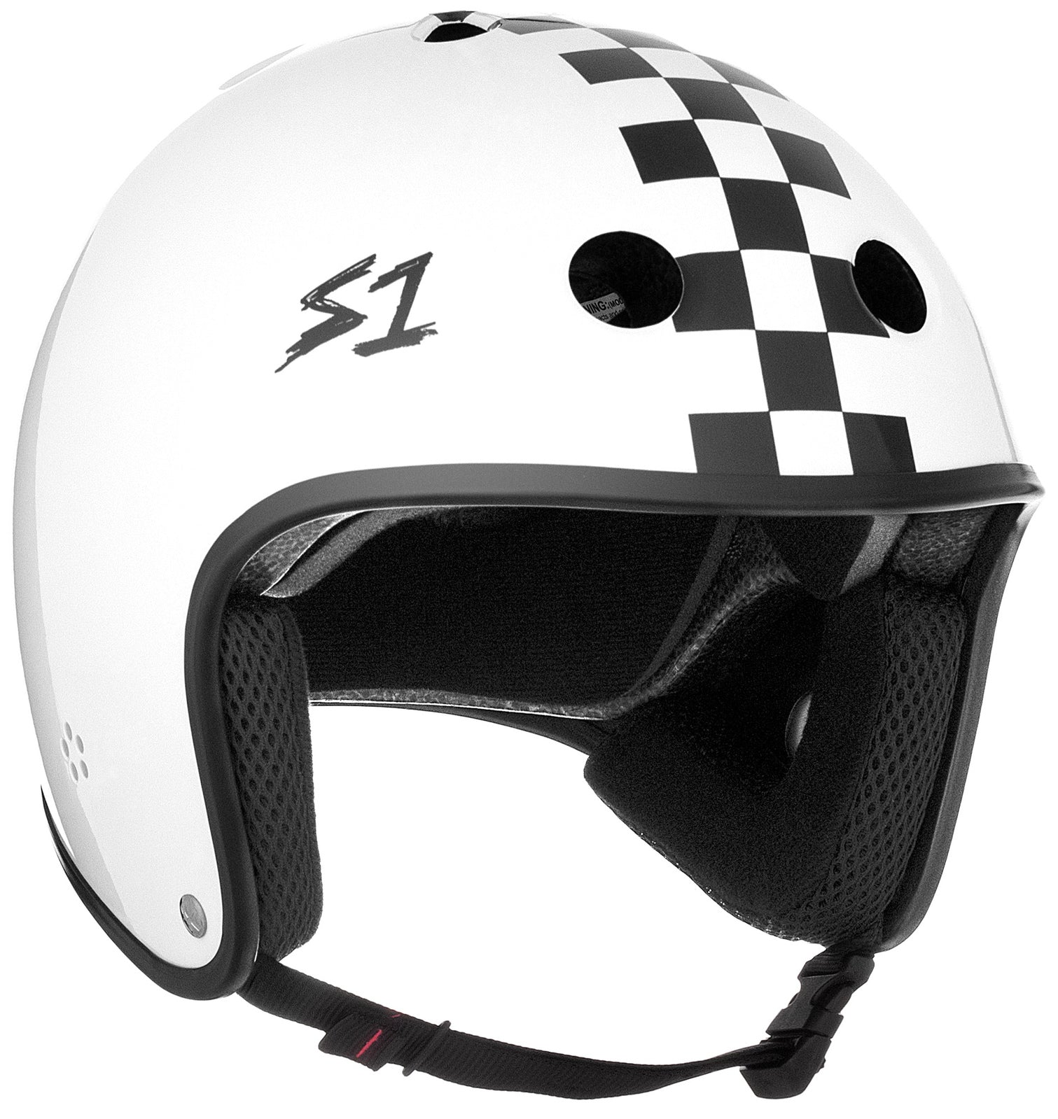 The S-One Helmet Retro Lifer White Gloss/Black Checkers features a black and white checkered stripe down the middle and the number "51" on the side. This high-impact helmet includes interior padding and a black chin strap for added comfort and safety.