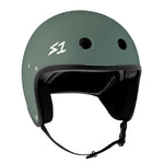 The S-One Helmet Retro Lifer E-Helmet in Ambush Green Matte features a matte green finish, three round front vents, black interior padding, a chin strap, and a white "S1" logo on the side.