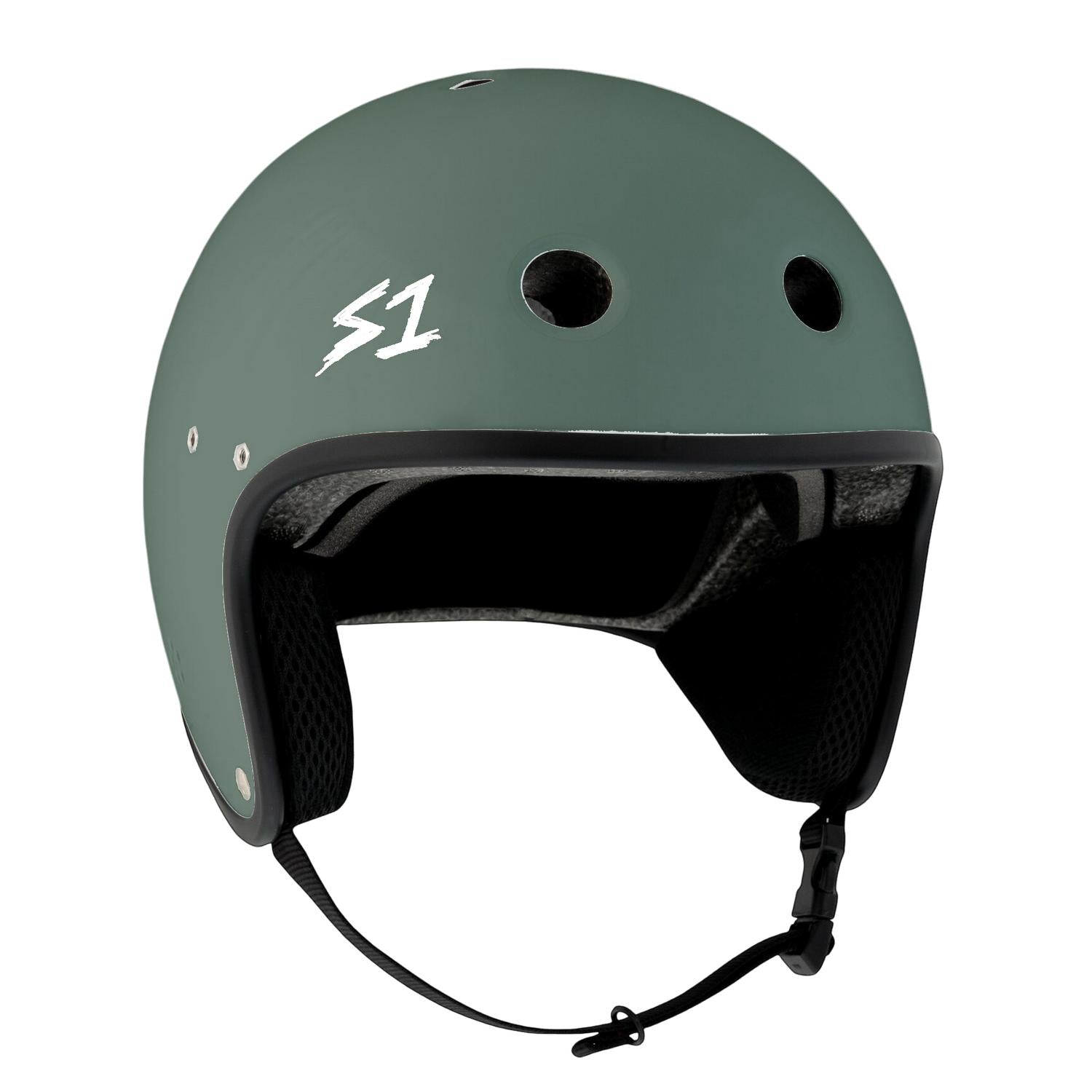 The S-One Helmet Retro Lifer E-Helmet in Ambush Green Matte features a matte green finish, three round front vents, black interior padding, a chin strap, and a white "S1" logo on the side.