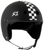 The S-One Helmet Retro Lifer E-Helmet in Black Matte with White Checkers features multi-impact protection, ear coverage, ventilation holes, an adjustable chin strap, the "S1" logo on the side, and is NTA 8776 certified for optimal safety.