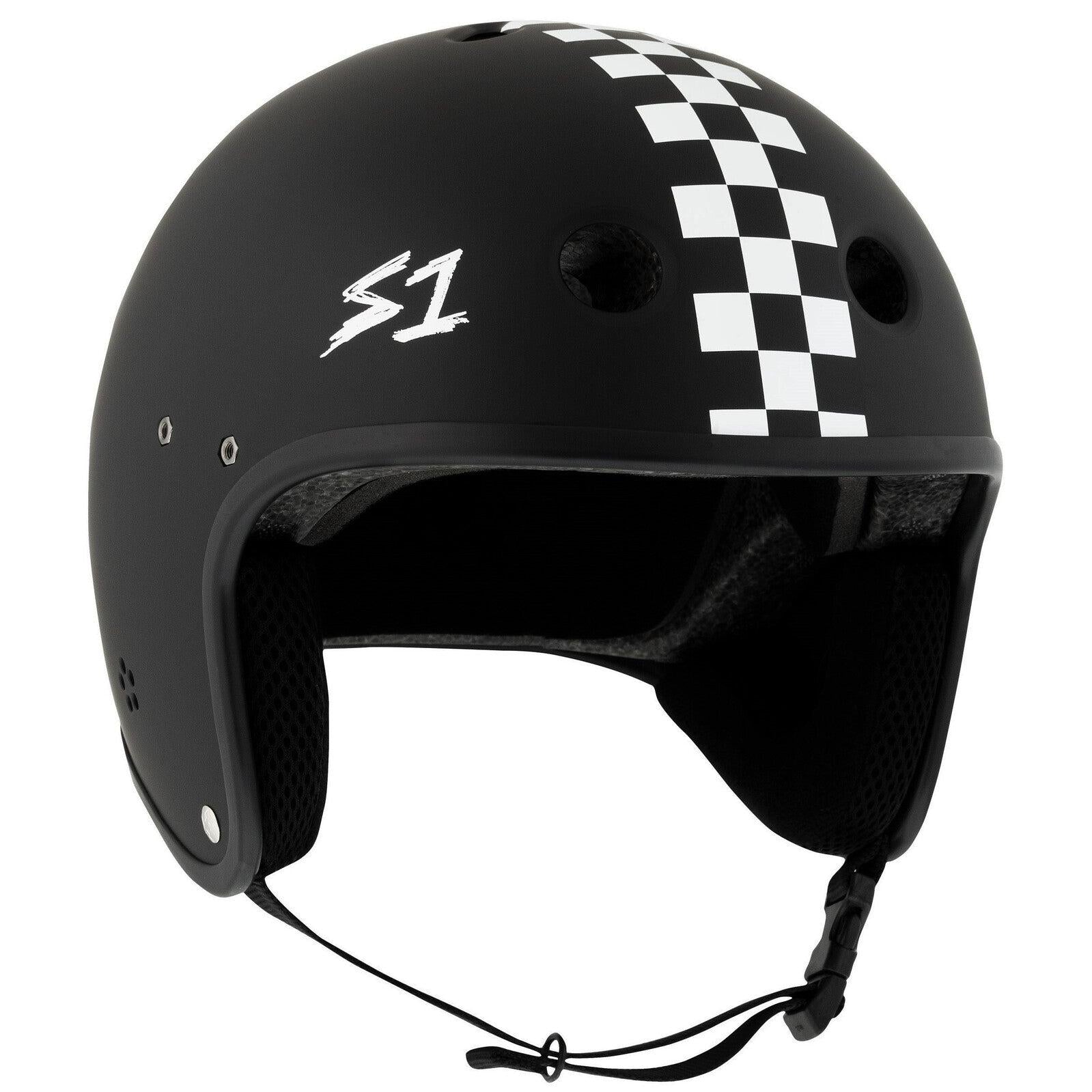 The S-One Helmet Retro Lifer E-Helmet in Black Matte with White Checkers features multi-impact protection, ear coverage, ventilation holes, an adjustable chin strap, the "S1" logo on the side, and is NTA 8776 certified for optimal safety.