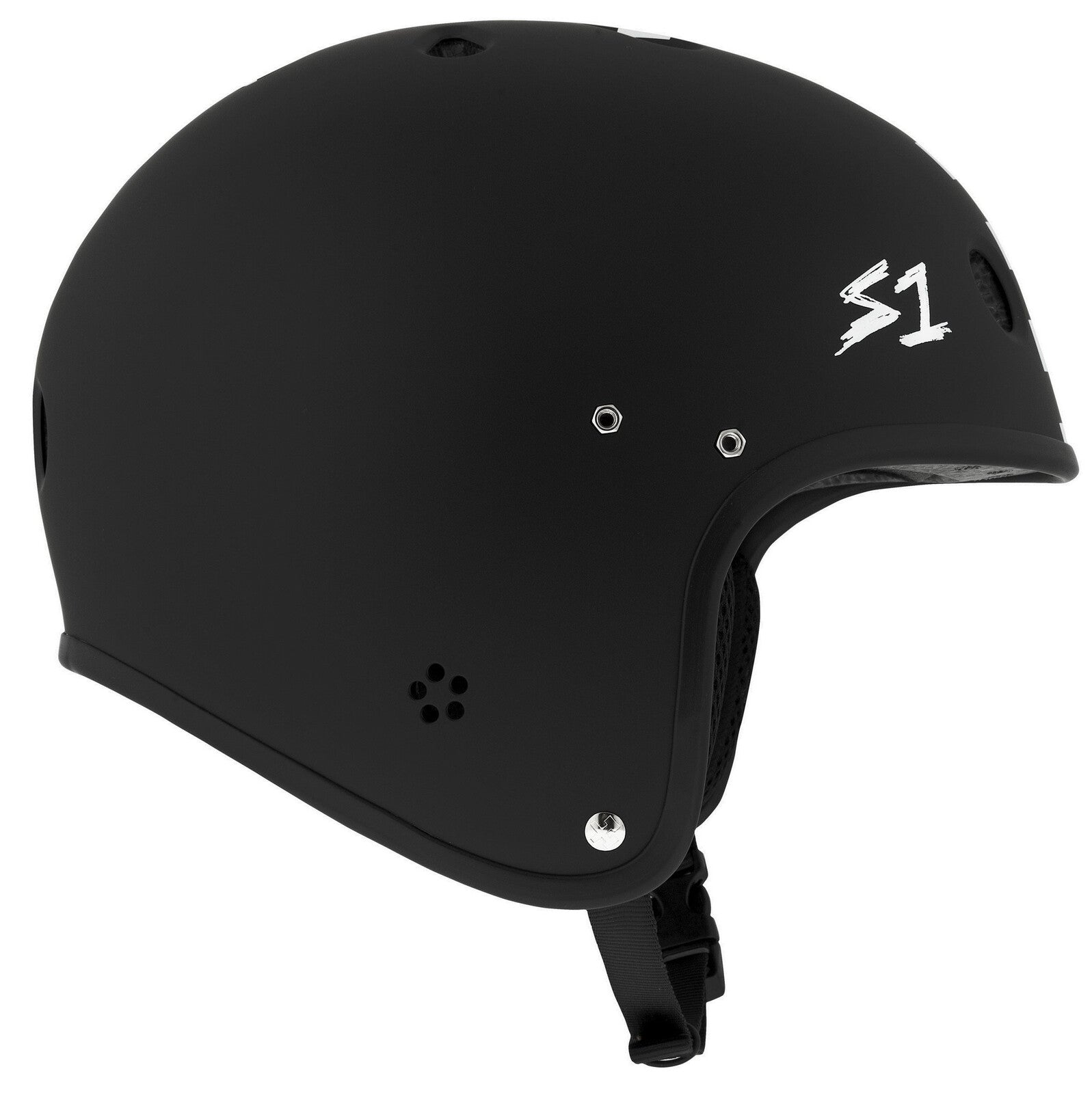 The S-One Retro Lifer E-Helmet in Black Matte with White Checkers features a skate-style design, multi-impact protection, ventilation holes, an adjustable chin strap, and the S1 logo on the side.