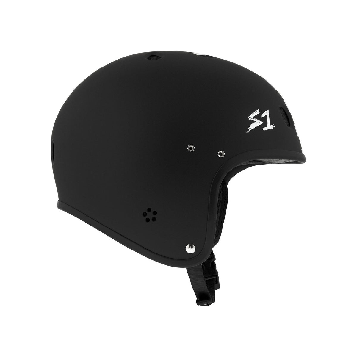 The S-One Retro Lifer E-Helmet in Black Matte with White Checkers features a skate-style design, multi-impact protection, ventilation holes, an adjustable chin strap, and the S1 logo on the side.