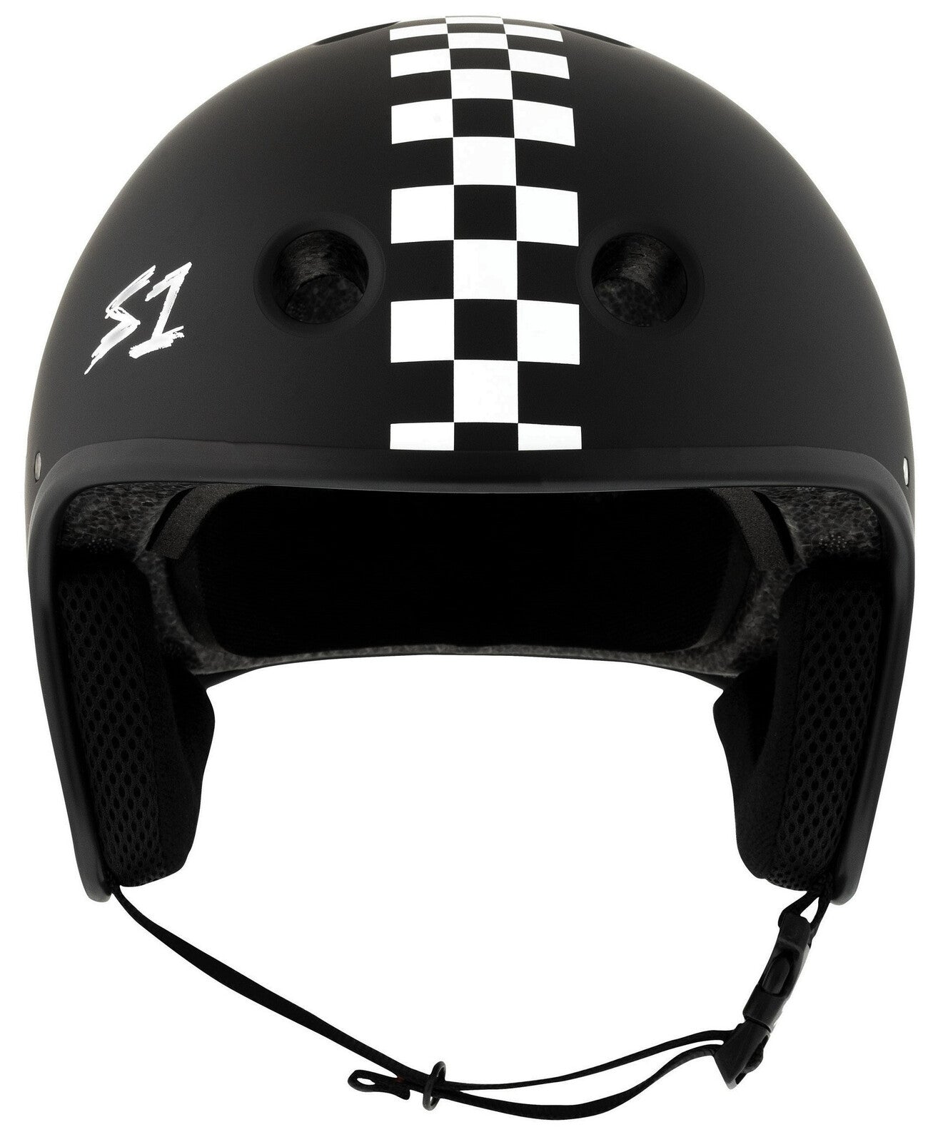 The S-One Helmet Retro Lifer E-Helmet in Black Matte with White Checkers features a bold checkerboard stripe, ventilation holes, black chin strap, and "S1" logo. NTA 8776 certified for reliable protection with classic retro style.