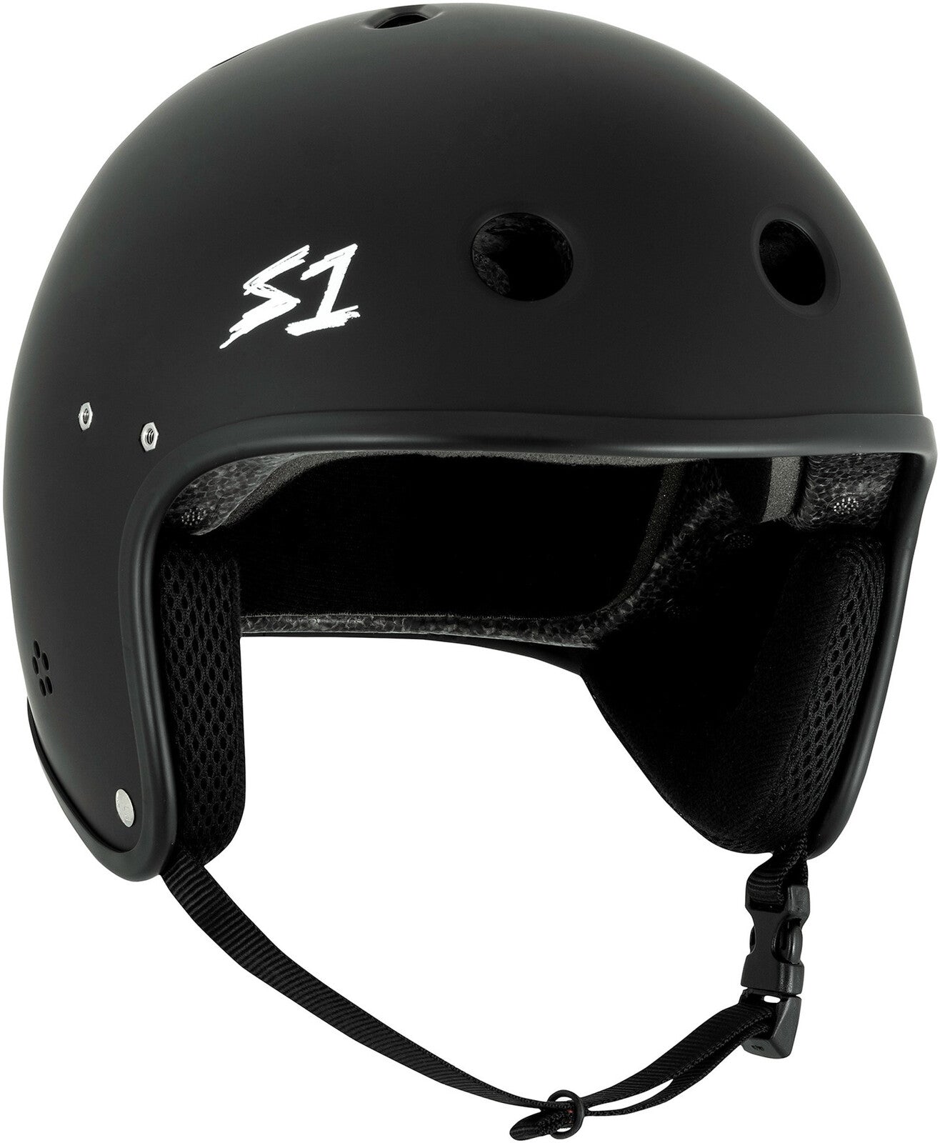 The S-One Helmet Retro Lifer E-Helmet in Black Matte features ventilation holes, ear protection, an adjustable chin strap, and an "S1" logo on the side.
