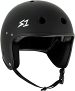 The S-One Helmet Retro Lifer E-Helmet in Black Matte features ventilation holes, ear protection, an adjustable chin strap, and an "S1" logo on the side.